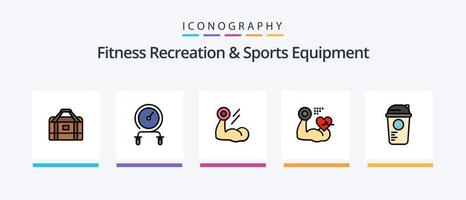 Fitness-, Erholungs- und Sportausrüstungslinie gefüllt mit 5 Symbolpaketen einschließlich Ergänzung. Protein. trainieren. Gewinner. Laufband. kreatives Symboldesign vektor