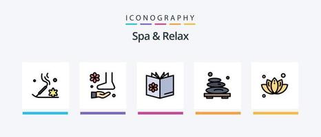 Spa- und Relax-Linie gefülltes 5-Icon-Paket inklusive Krug. Räucherstäbchen . Baum. Blatt. kreatives Symboldesign vektor