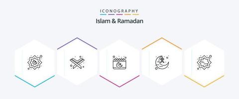 Islam und Ramadan 25-Zeilen-Icon-Pack mit Kunst. Mond. Kalender. eid. Halbmond vektor