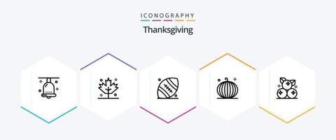 Thanksgiving-Icon-Pack mit 25 Zeilen, einschließlich Beere. Ernte. Amerikanischer Fußball. Niedergang. Füllhorn vektor