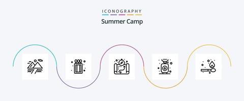 sommar läger linje 5 ikon packa Inklusive . match. camping. brand. spis vektor