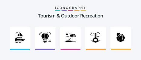 turism och utomhus- rekreation glyf 5 ikon packa Inklusive klot. plats. strand. uppdatering. varm. kreativ ikoner design vektor
