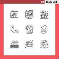 9 Umrisspaket für Benutzeroberflächen mit modernen Zeichen und Symbolen für die Kommunikation, Telefonbildschirm, Telefonglas, bearbeitbare Vektordesignelemente vektor