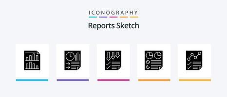 rapporter skiss glyf 5 ikon packa Inklusive dokumentera. analyser. papper. två. sida. kreativ ikoner design vektor