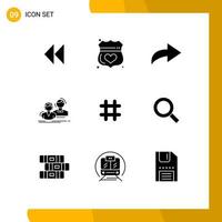 9 solides Glyphenkonzept für mobile Websites und Apps Hash-Tag-Team-Schild paar Mitarbeiter editierbare Vektordesign-Elemente vektor
