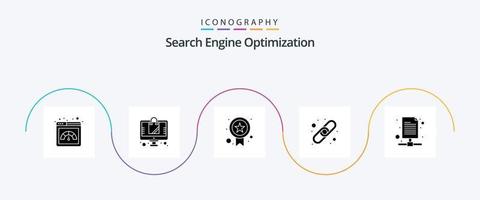 SEO Glyph 5 Icon Pack inklusive Seite. Datenbank. Abzeichen. Verknüpfung. Kette vektor