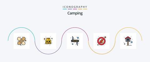 Camping-Linie gefülltes flaches 5-Icon-Paket einschließlich . Haus. Waffe. Vogel. nein vektor