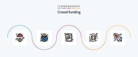 crowdfunding linje fylld platt 5 ikon packa Inklusive lansera. omvandling. analys. utbyta. valuta vektor