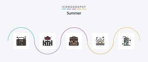 Sommerlinie gefülltes flaches 5-Icon-Paket einschließlich Strand. Sonnenaufgang. Möbel. Meer. reisen vektor