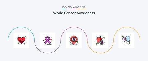 värld cancer medvetenhet linje fylld platt 5 ikon packa Inklusive dag. ballonger. plats. sjuk. sjukdom vektor