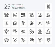 Biologie 25-Zeilen-Icon-Pack einschließlich Chemie. Wissenschaft. männlich. Labor. Glaswaren vektor
