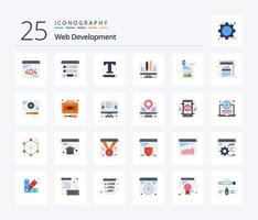 Webentwicklung 25 flache Farbsymbolpakete einschließlich Planung. Kodierung. Seitenverzeichnis. Netz. Text vektor
