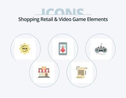 Einkaufen von Einzelhandels- und Videospielelementen flaches Icon-Pack 5-Icon-Design. Smartphone. spielen. Papier. Spiel. Aufkleber vektor