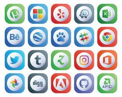 20 Social-Media-Icon-Pack, einschließlich Foto-Instagram-Slack-Zootool-Tweet vektor