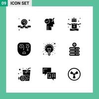 Stock Vector Icon Pack mit 9 Zeilen Zeichen und Symbolen für Glühbirnen Menschen trauriges Gesicht editierbare Vektordesign-Elemente