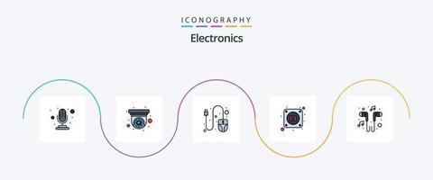 elektronik linje fylld platt 5 ikon packa Inklusive låt. musik. mus. headset. uttag vektor