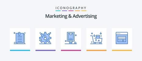 marknadsföring och reklam blå 5 ikon packa Inklusive kort. e-marknadsföring. anslagstavla. e-mailar. e-post kampanj. kreativ ikoner design vektor