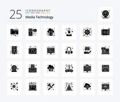 Media Technology 25 Solid Glyph Icon Pack inklusive WLAN. Signal. Film. an. Musik vektor