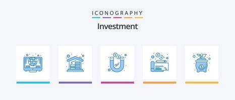 investering blå 5 ikon packa Inklusive investering. väska. dollar. betalning. cheaque. kreativ ikoner design vektor