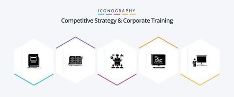 Wettbewerbsstrategie und Unternehmensschulung 25 Glyphen-Icon-Pack inklusive überzeugen. Streit. lernen. Analyse. Präsentation vektor