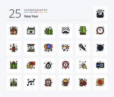 neues jahr 25 zeilen gefüllt icon pack inklusive geschenkpaket. Gläser. Kasten. lustig. Überraschung vektor