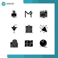 9 solides Glyphenpaket der Benutzeroberfläche mit modernen Zeichen und Symbolen des Geschäftsrestaurantgetränks der Heimatstadt, bearbeitbare Vektordesignelemente vektor