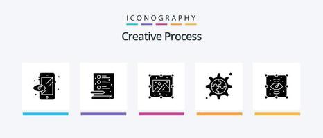 Creative Process Glyph 5 Icon Pack inklusive . Auge. Bild. Prozess. Ausrüstung. kreatives Symboldesign vektor