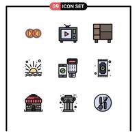 Stock Vector Icon Pack mit 9 Zeilenzeichen und Symbolen für Code Sunrise Appliances Sea Rack editierbare Vektordesign-Elemente