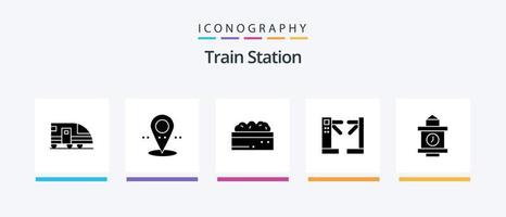 tåg station glyf 5 ikon packa Inklusive station. tåg. buske. underjordiska. kontrollera. kreativ ikoner design vektor