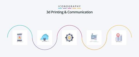 3d utskrift och kommunikation platt 5 ikon packa Inklusive maskin. 3d. nätverk. formning. tillverkning vektor