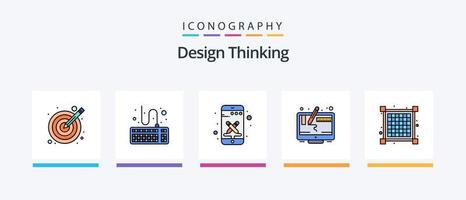 Design Thinking Line gefüllt 5 Icon Pack inklusive Idee. Brainstorming. Ausrüstung. Gehirn. Design. kreatives Symboldesign vektor