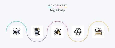 Nachtparty-Line-Flat-5-Icon-Pack mit Pizza gefüllt. Nacht. Konfetti. Wein. Getränk vektor