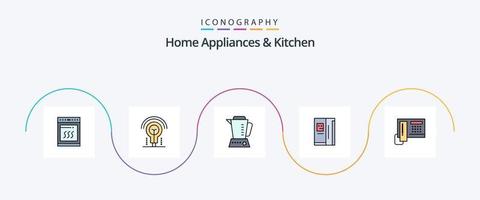Hem apparater och kök linje fylld platt 5 ikon packa Inklusive telefon. frys. blandare. kyl. kylskåp vektor