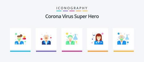 korona virus super hjälte platt 5 ikon packa Inklusive läkare. lady läkare. läkare. medicinsk. flicka. kreativ ikoner design vektor