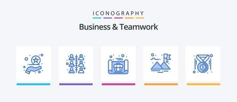 Business und Teamwork Blue 5 Icon Pack inklusive Geld. Münzen. Geschäftsplan. Abzeichen. Flagge. kreatives Symboldesign vektor