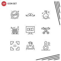 Lager Vektor Icon Pack mit 9 Zeilenzeichen und Symbolen für Videomonitor Männer Einkaufswagen editierbare Vektordesign-Elemente