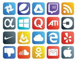 20 Social Media Icon Pack einschließlich Yelp iCloud Question Feedburner-Treiber vektor