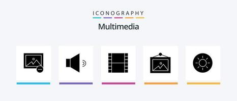 multimedia glyf 5 ikon packa Inklusive . video. ljusstyrka. kreativ ikoner design vektor