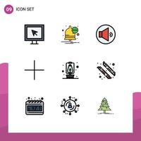 Stock Vector Icon Pack mit 9 Zeilen Zeichen und Symbolen für Candy Travel Speaker Camping plus editierbare Vektordesign-Elemente