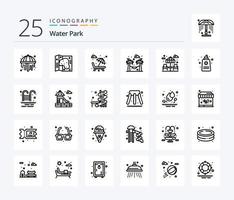 Wasserpark 25-Zeilen-Icon-Pack inklusive Park. Abendessen. Brunnen. Garten. Hängematte vektor