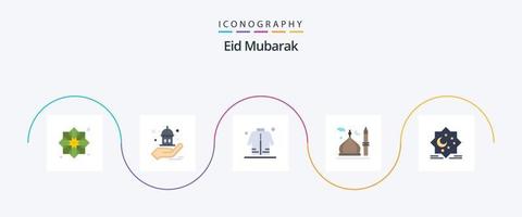 Eid Mubarak Flat 5 Icon Pack inklusive Muslim. Mond. Hand. Moschee. Einkaufen vektor