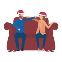 junges Liebespaar mit Weihnachtsmütze, die im Sofa sitzt vektor