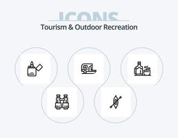 turism och utomhus- rekreation linje ikon packa 5 ikon design. blixt. ljus. hacka. ficklampa. tält vektor