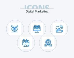 digitales Marketing blaues Icon Pack 5 Icon Design. Rechner. Webseite. Medaille. Vision. Geld vektor