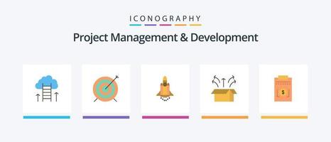 Projektmanagement und Entwicklung Flat 5 Icon Pack inklusive Produkt. starten. Fokus. Kasten. fördern. kreatives Symboldesign vektor