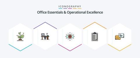 Office Essentials und Operational Excellence 25 FilledLine Icon Pack inklusive Präsentation. Berichtskarte. Zimmer. Notizblock. Mitglied vektor