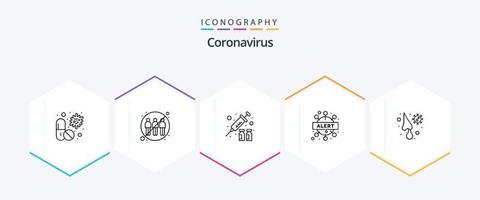 Coronavirus 25-Zeilen-Icon-Pack einschließlich Virus. Notiz. Infektion. Virus-Alarm. Virus-Impfstoff vektor