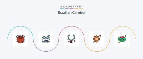 Brasilianische Karnevalslinie gefülltes flaches 5-Icon-Pack inklusive Maske. Tambourin. Juwel. Musical. Instrument vektor