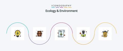 Ökologie- und Umweltlinie gefülltes flaches 5-Icon-Paket einschließlich Recycling. Energie. Datei. Stecker. Energie vektor