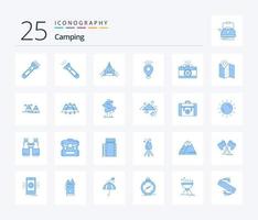 Camping 25 blaues Symbolpaket inklusive Fotografie. Karte. Campingplatz. Ferien. Stift vektor